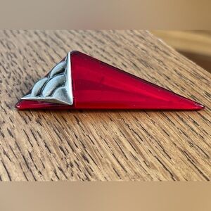 BROOCH Triangular Kite Shape Red Translucent Resin Silver Tone Accents Modern